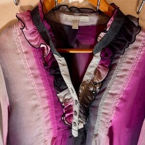 NY Collection Petite Ruffle Neck Ombre Blouse - Sheer Chiffon Top - Size PL